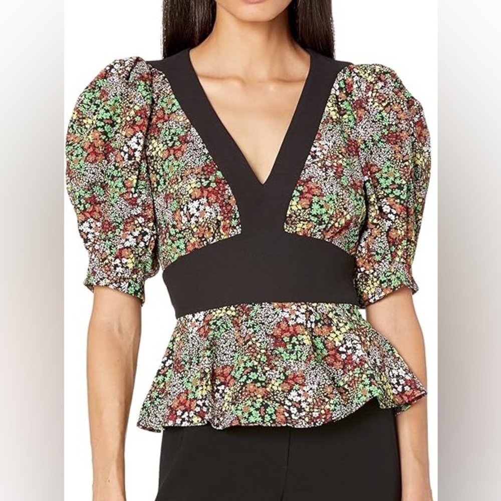 Ted Baker Floral Puff-Sleeve V-Neck Top in Green, Brown, White and Black